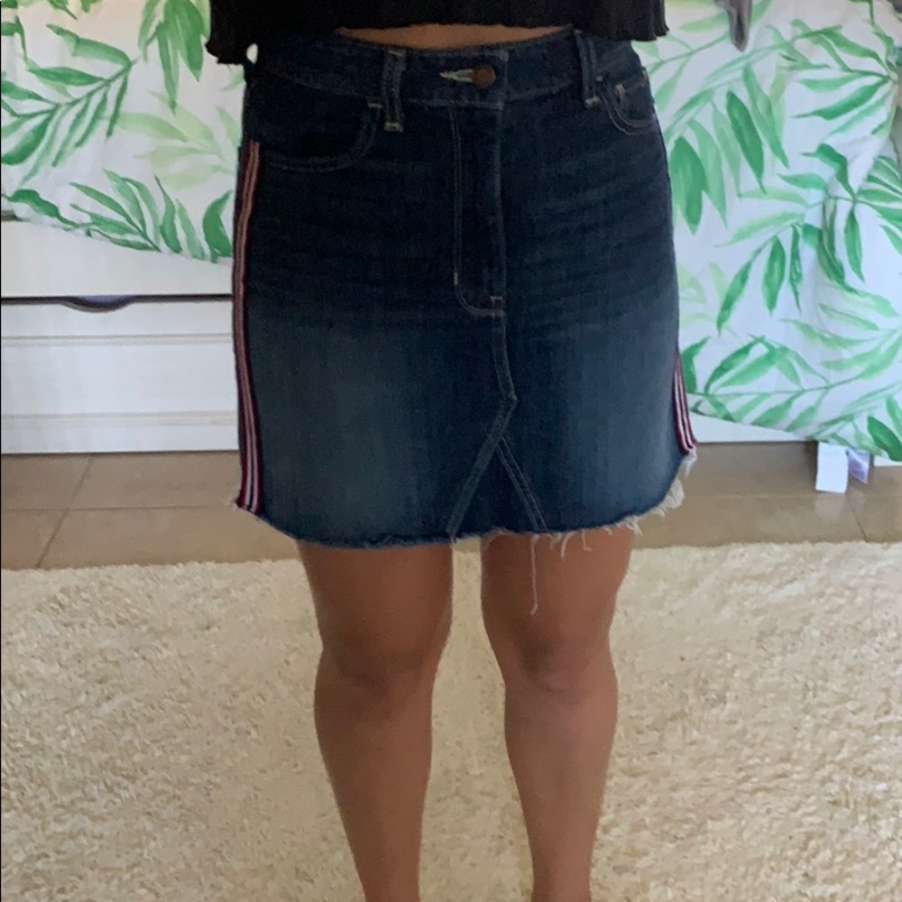 Denim skirt with red blue and white stripes
